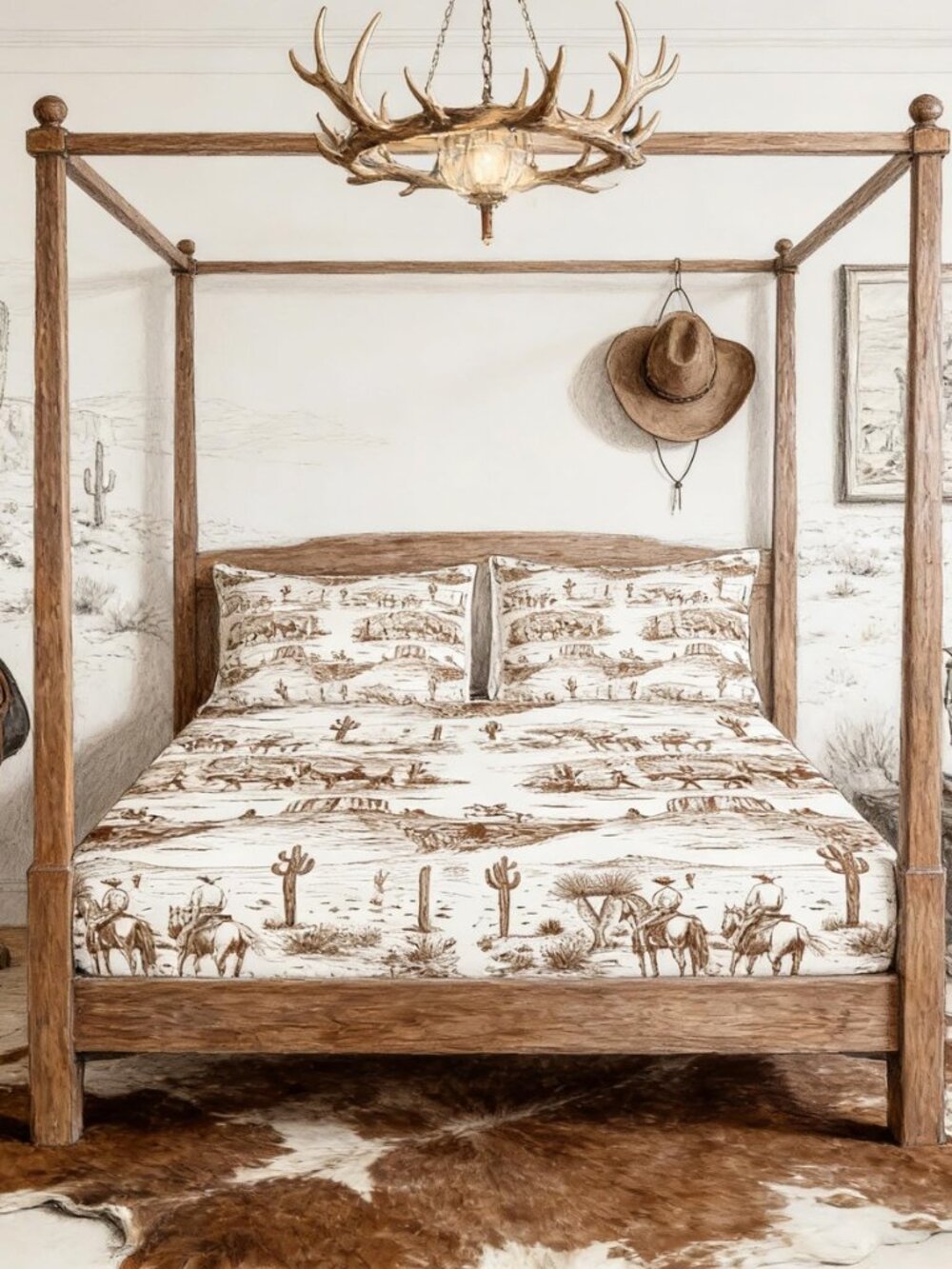 Western Cowboy Fitted Sheet Queen Size Brown Sketch Desert Wild Horse Bedding